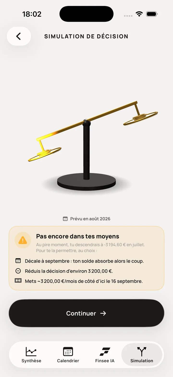 Simulation de décision dans l'app Finsee : le verdict « Pas encore dans tes moyens » et ses leviers